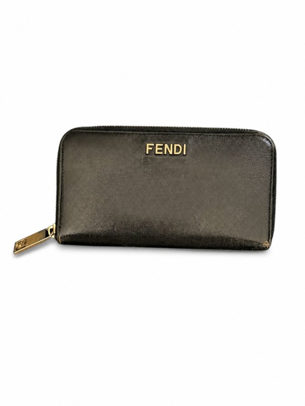 Fendi Black Leather Zip Around Wallet Gold Logo